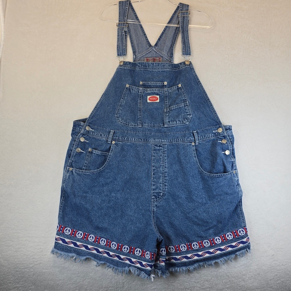 Vintage 90s Revolt Denim Peace Sign Shortalls Shorts Womens Plus 24 Blue Overall